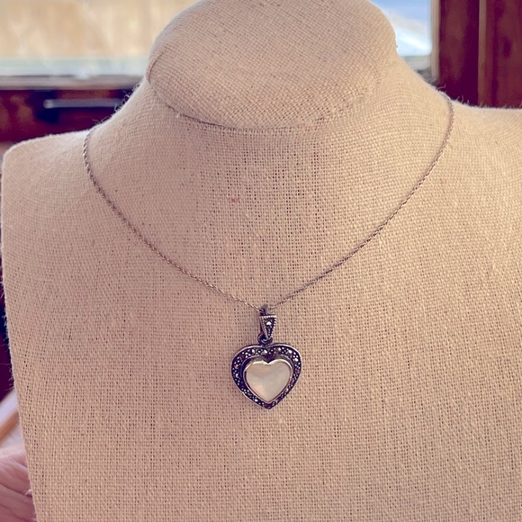 Vintage Jewelry - Marcasite heart w/mother of pearl necklace vintage